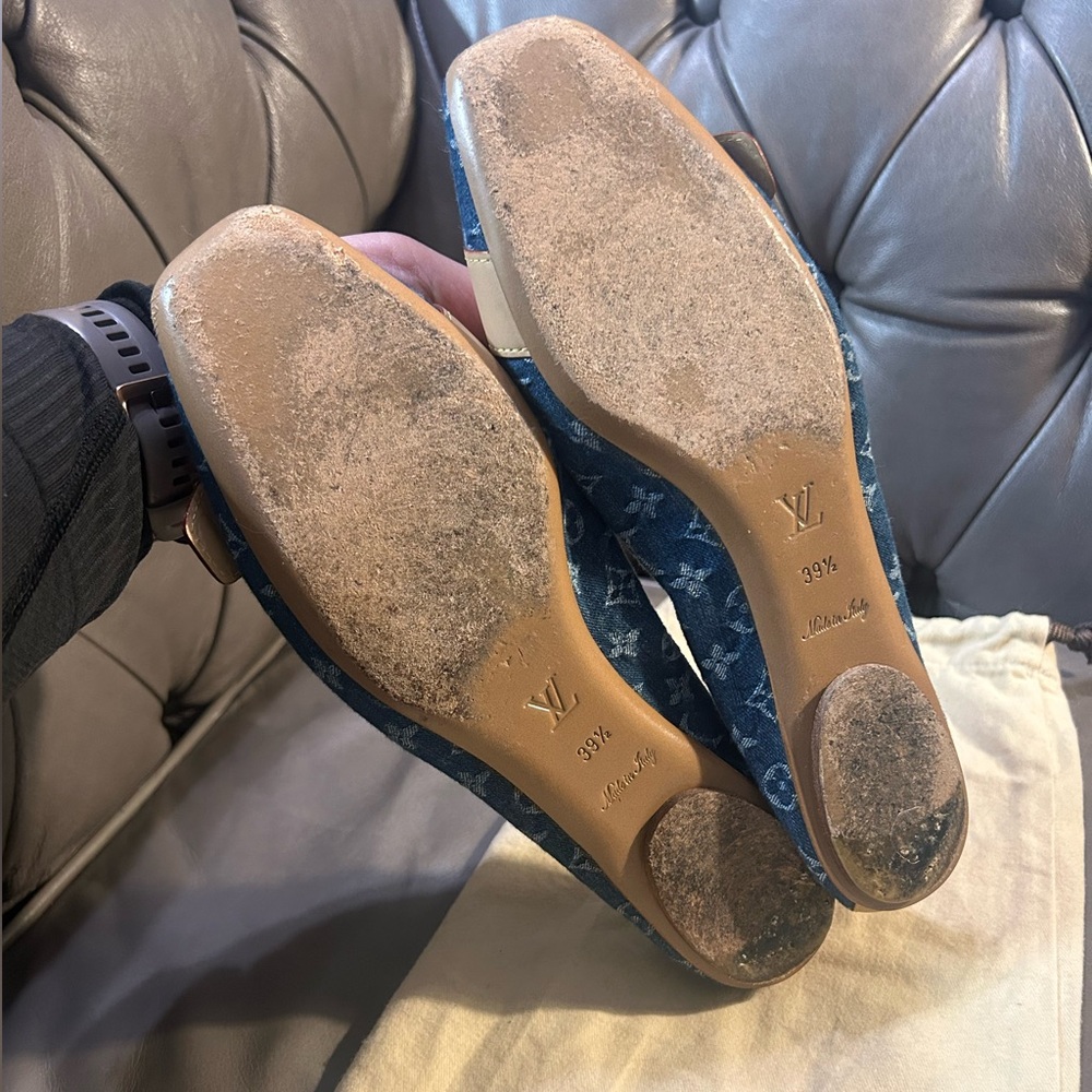 Louis Vuitton Blue Monogram Denim Ballet Flats with Beige Leather Buckle - Picture 7 of 14